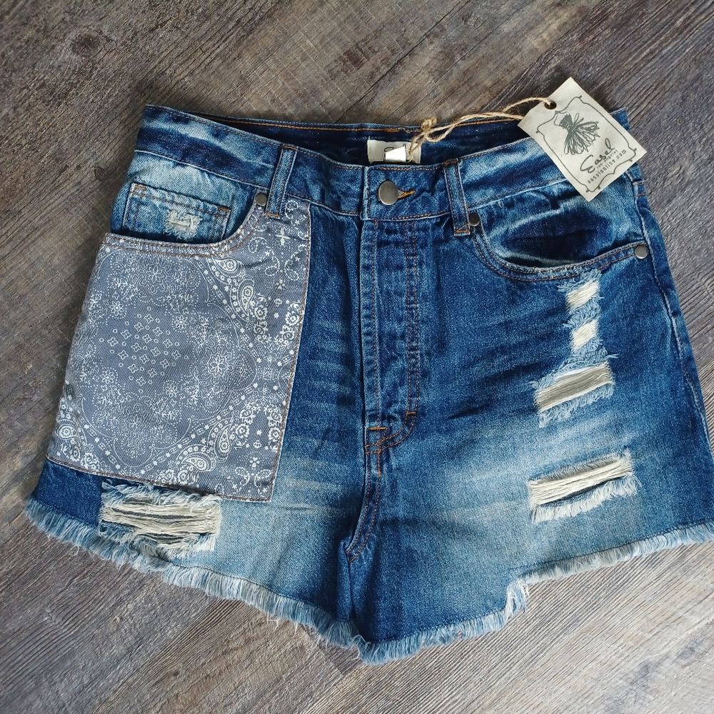 Sew In Love Blue Distressed Denim Jean Shorts with Gray Bandana Patch